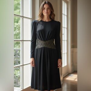 80s CHAR WOOL BLACK KNIT MIDI DRESS W BLACK & TAN FLORAL SUEDE WIDE WAIST INSERT